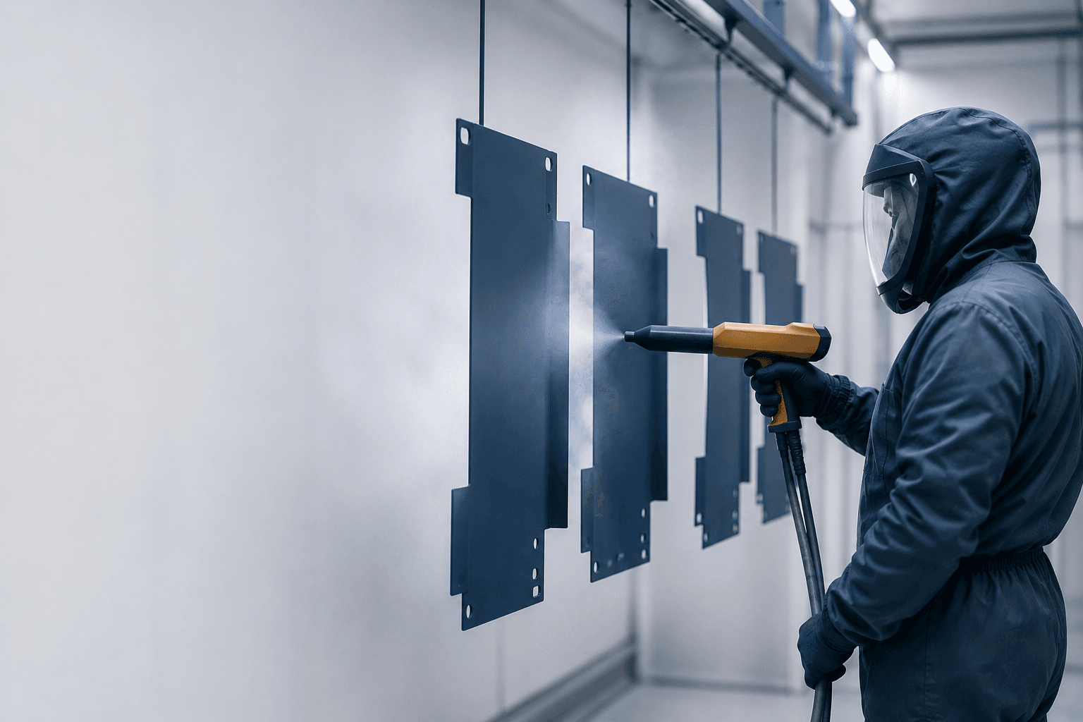 Person in Schutzanzug beschichtet in Pulverbeschichtungskabine